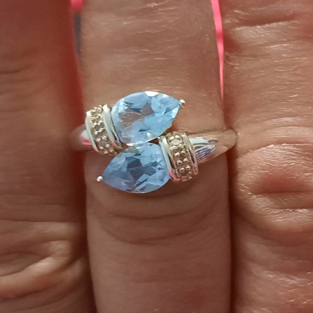 925 Sterling Silver Ring Sky Blue Topaz Bypass Diamond Accent Vintage QVC  Sz 8